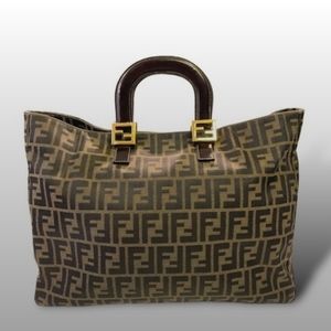 FENDI Brown Zucca Canvas & Calfskin Leather RARE Vintage LARGE Twin Tote